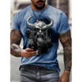 Men's Viking 3D Print Short Sleeve T-Shirt Casual Round Neck Summer Tee Blue Variant - Viking Warrior Crow Blue