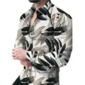 Men's casual long sleeve shirt with black grey leaf 3D print slim fit button down. - 3XL / Tops / HJ-hd1118