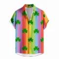 Close-up detail of clover pattern and rainbow stripes on summer short sleeve shirt - LAZB16-08
