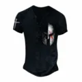 Close-up detail of the 3D digital printed Spartan helmet and cross design on Henley t-shirt. - 3XL / SW01
