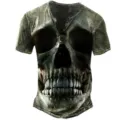 T-shirt homme impression crâne 3D manches courtes streetwear mode haut style henley. - SW02