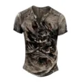 Men's Vintage 3D Skull Print Henley Short Sleeve T-Shirt Streetwear Casual Tops Gray - 3XL / SW03