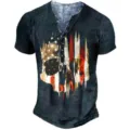 Men's 3D skull flag print Henley t-shirt, vintage short sleeve street style detail shot. - 3XL / SW04