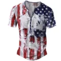 T-shirt Henley manches courtes impression 3D homme avec motif crâne drapeau américain. - SW05