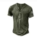 Close up detail view of men vintage washed short sleeve button henley shirt sleeve logo. - S / 3DL-373