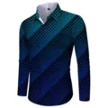Men's blue gradient geometric 3D print long sleeve slim fit casual lapel dress shirt. - 3XL / Tops / HJ-hd1132