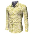 Men's casual long sleeve button down shirt with stylish yellow botanical leaf print top. - 3XL / Tops / HJ-hd1133