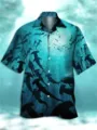 Mens Hawaiian short sleeve shirt with 3D shark and diver print for summer beach casual wear. - 3XL / Tops / LAZB16-35