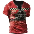 Men Vintage Motorcycle Print Short Sleeve Henley Shirt Red Casual Summer Top Variant - 6XL / 3DL-375