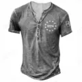 Men's vintage washed grey Henley t-shirt with short sleeves and classic 1776 chest print. - 3DL-376