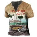 Vintage men's short sleeve Henley t-shirt with California road trip graphic print. - 3DL-377