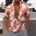 Homme ete chemise manches courtes hawaienne florale rouge blanc boutons plage haut top - 3XL / Hauts / Plante Rouge Blanc
