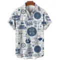 Men's casual short sleeve Hawaiian shirt featuring vintage nautical blueprint graphic print. - S / Tops / Blue Gradient