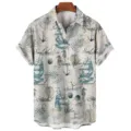Men's short sleeve casual shirt with nautical map compass print, vintage summer wear. - S / Tops / HJ-DL025