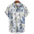 Men's casual short sleeve shirt featuring a vintage nautical sketch print with ships and sea motifs. - S / Tops / HJ-DL031
