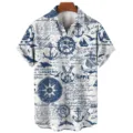 Men's summer short sleeve casual shirt with blue white nautical print design variant - S / Tops / HJ-DL030