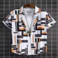 Mens short sleeve casual shirt with modern geometric print and white tee combo for summer. - S / Tops / HJ-DL037