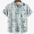 Men's summer short sleeve casual button down shirt with vintage nautical map and ship print design. - S / Tops / HJ-DL039