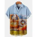 Men's casual short sleeve shirt featuring a vintage truck and pig digital print. Light blue. - S / Tops / HJ-DL023