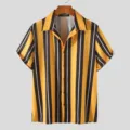 Men's short sleeve casual vertical striped shirt yellow black fashion summer top - S / Tops / HJ-DL040