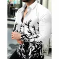 Men's casual long sleeve shirt with unique black and white tree branch 3D print and collar. - HJ16