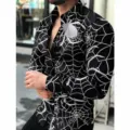 Mens long sleeve button down shirt with 3D spider web print casual lapel top detail. - HJ12