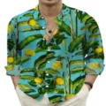 Men's casual long sleeve shirt featuring vibrant yellow lemon and green tropical leaf print. - XS / Tops / Lemon Leaf (OFS-93)
