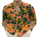 Men lemon print long sleeve shirt casual button down tropical street fashion top detail view - XS / Tops / Orange Lemon (OFS-94)