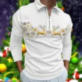 Detailansicht des weihnachtlichen Langarm-Poloshirts für Herren mit goldenem Rentier-Print. - S / Oberteile / Weiß Rentier Stil (CXLLPS-101(10))