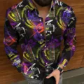 Men's long sleeve casual shirt featuring vibrant abstract 3D graffiti print and classic lapel collar. - XS / Tops / HJ28