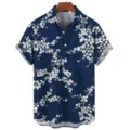 Camisa de hombre azul con flores manga corta verano playa top moda ropa casual - Estilo con Estampado de Rama Floral Azul Oscuro