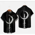 Men's short sleeve casual shirt with 3D crescent moon and rune print, stylish summer top. - S / Black