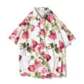 Mens casual summer hawaiian floral short sleeve shirt loose button down top with white rose print - Style 5