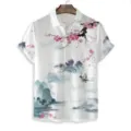 Men summer casual short-sleeve shirt with 3D ink landscape painting print for men fashion. - S / a003