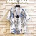Summer new short sleeve lapel blue floral print casual beach vacation couple shirt. - D377
