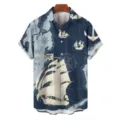 Men's casual short sleeve Hawaiian shirt with cool nautical map and ship 3D print summer top. - S / Nautical Print