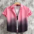 Men's Short Sleeve Ombre Button-Down Shirt Pink to Black Casual Summer Cardigan Top - 3XL / HJA005