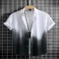 Men's short sleeve gradient button down shirt with white t-shirt and necklace set summer - a004