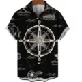 Men's summer short sleeve Hawaiian shirt with retro nautical compass 3D digital print casual top - S / Black