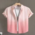 Men's short sleeve gradient pink shirt cardigan casual summer top with inner tee and necklace. - HJA006
