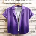 Men's purple gradient short sleeve shirt summer casual fashion button down cardigan top apparel - HJA009