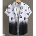 Men short sleeve Hawaiian shirt with floral print and black gradient design casual summer top. - S / Tops / Black and White Gradient