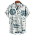 Men's Hawaiian casual short sleeve shirt vintage nautical map print summer button down top - S / Tops / White
