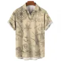 Men's vintage nautical print short sleeve Hawaiian shirt beige casual button-down summer top variant - S / Tops / Khaki