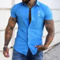 Men's short sleeve collared dress shirt slim fit casual button down shirt with chest print. - S / Tops / Blue