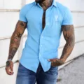 Mens light blue short sleeve slim fit button up shirt with chest print muscle fit casual top - S / Tops / Blue