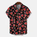 Stylish men's short sleeve casual lapel button down shirt featuring creative red heart print. - S / Tops / HJT55