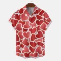 Summer short sleeve casual lapel shirt for men women with stylish allover red heart print. - S / Tops / HJT54