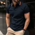 Men's casual short sleeve polo shirt dark blue slim fit tee with striped collar cuffs - S / Tops / G32P446