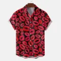 Summer short sleeve casual lapel shirt with trendy red lips allover print for men daily wear. - S / Tops / HJT49